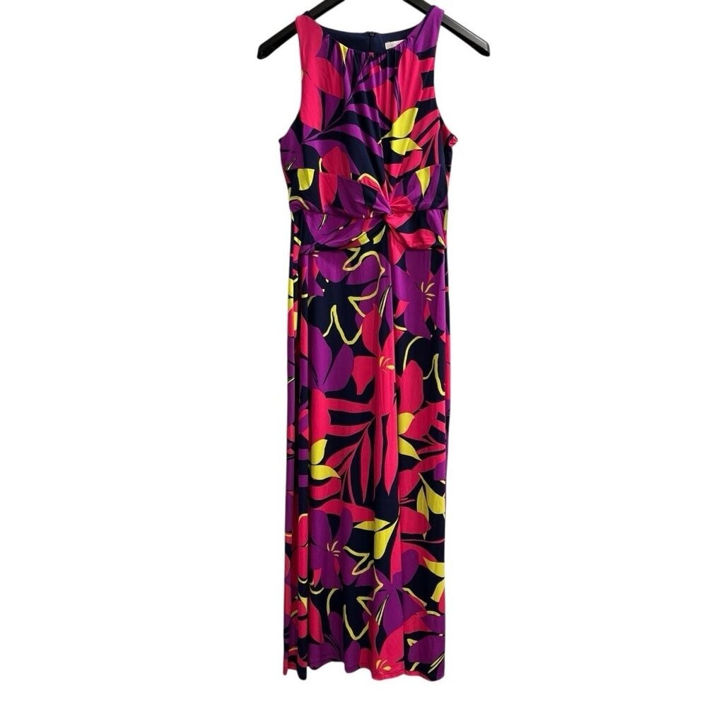 London Times Dress Bright Floral Jersey Knit Maxi Size S Tropical Resort Beach